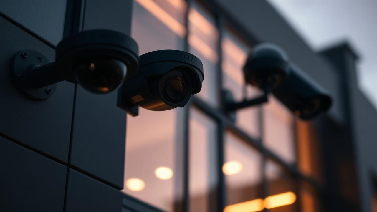 Dome and bullet CCTV cameras mounted on a modern commercial building facade at dusk